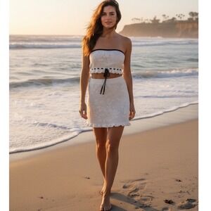 freshman1996 Off White Lace Tube Top Skirt Set Ruffle Trim Drawstring Medium NWT